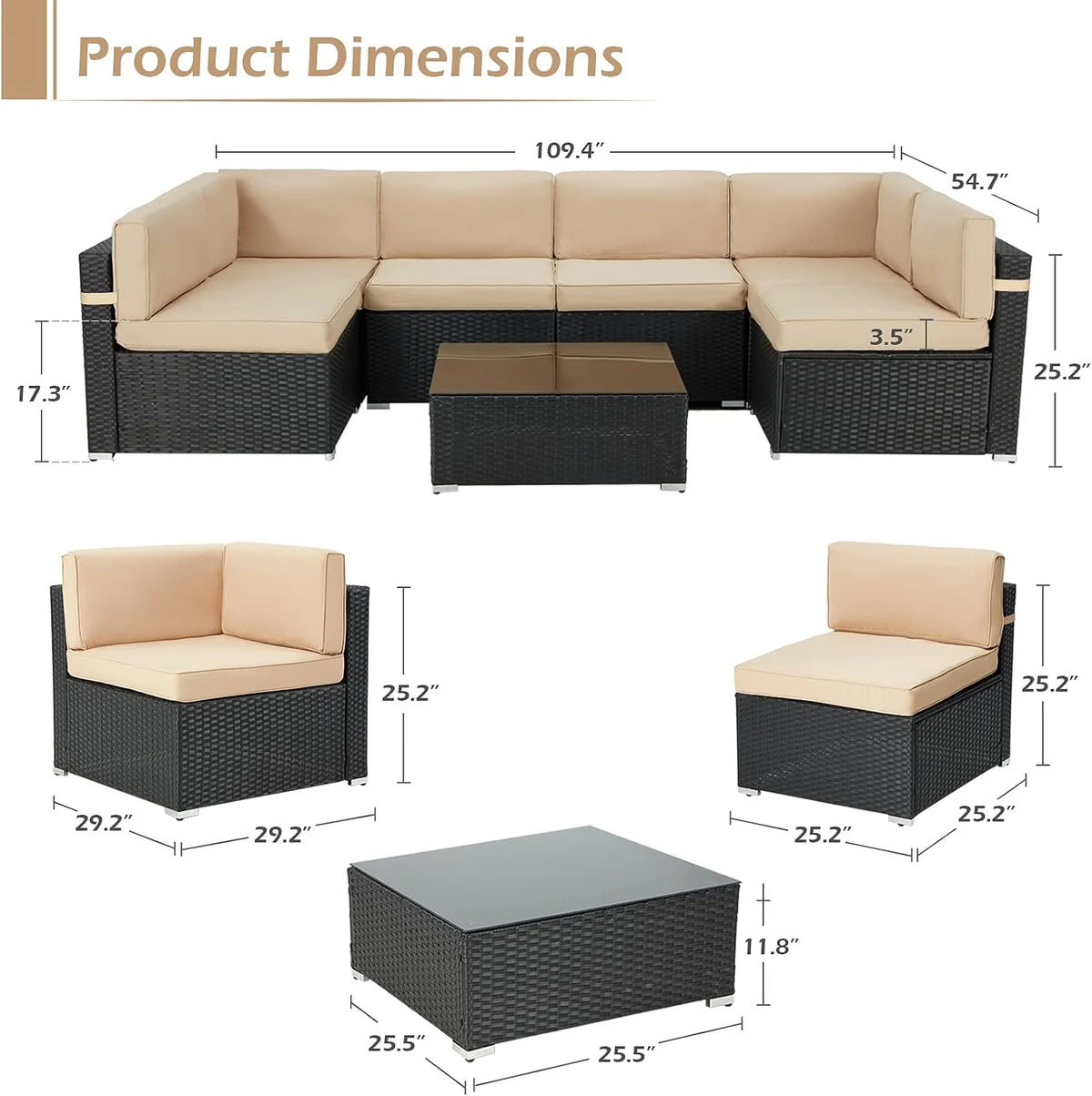 7 Piece Beige Rattan Wicker Sectional Sofa Set with Table R66462