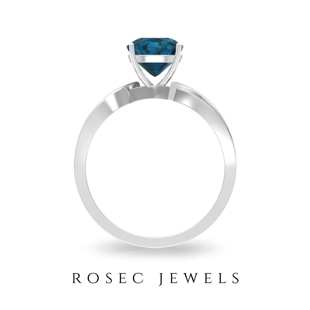 1.50 CT Cushion Cut London Blue Topaz Solitaire and Diamond Ring, 925 Sterling Silver, US 4.00 O20175