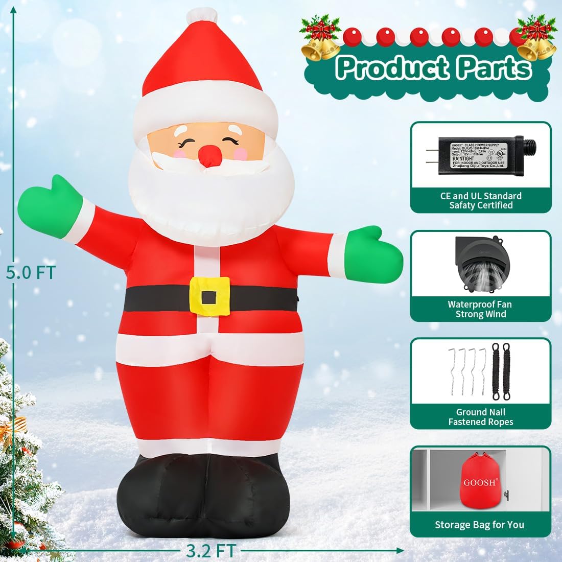 5 FT Christmas Inflatables Santa Claus Outdoor Decorations Blow Up Yard Standing Santa with Built-in LEDs L513