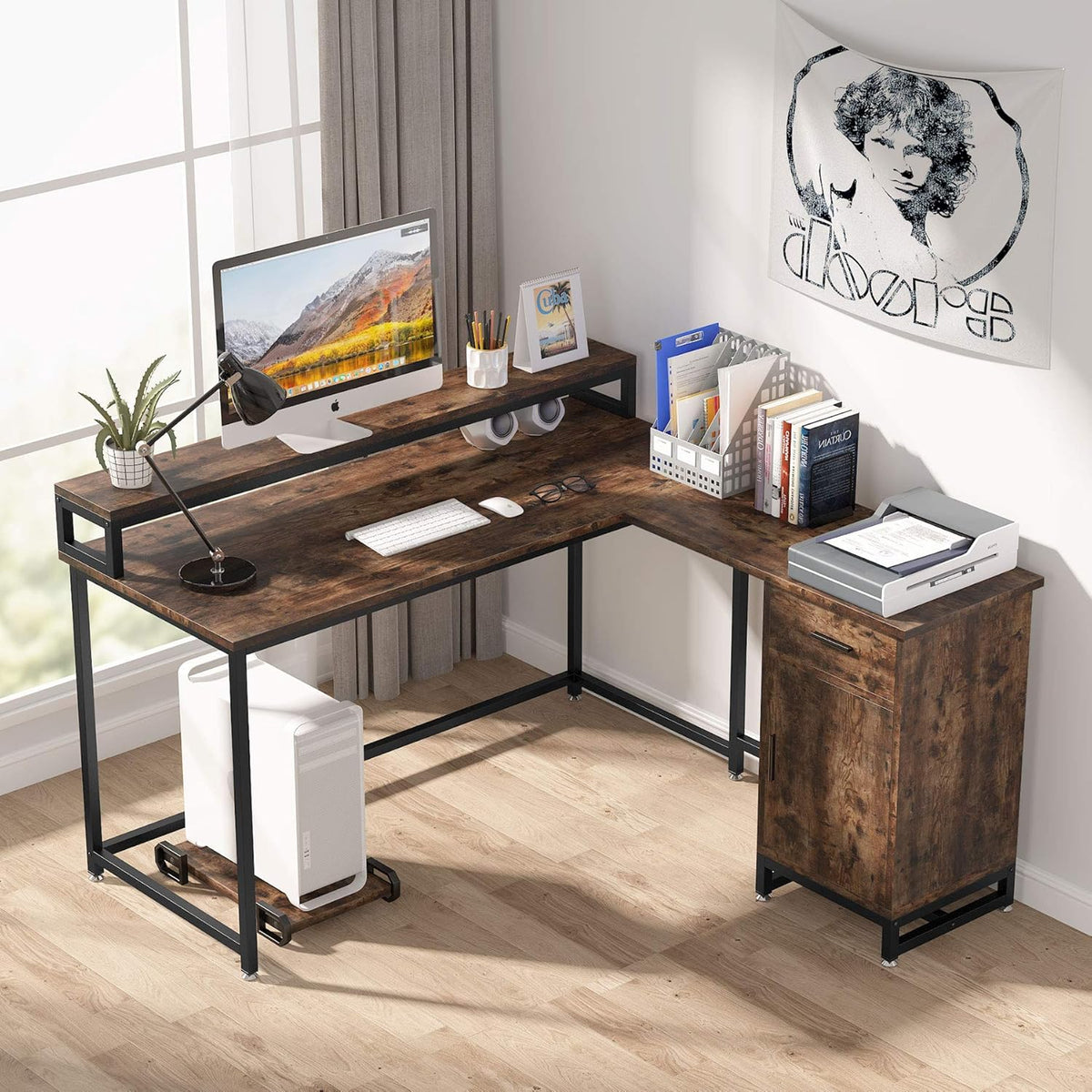 L Shaped Computer Desk with Drawer and Storage Cabinet D1509