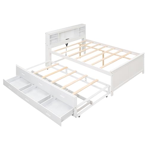 White Full Size Wood Platform Bed with Trundle and 3 Drawers N226570