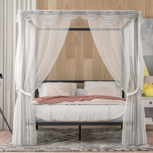 Black Metal Queen Canopy Bed Frame with Headboard C98222