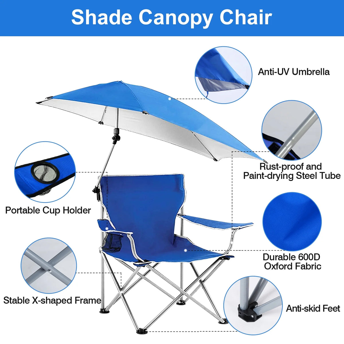 Blue Foldable Beach Chair with Detachable Umbrella Cup Holder Carry Bag X803037