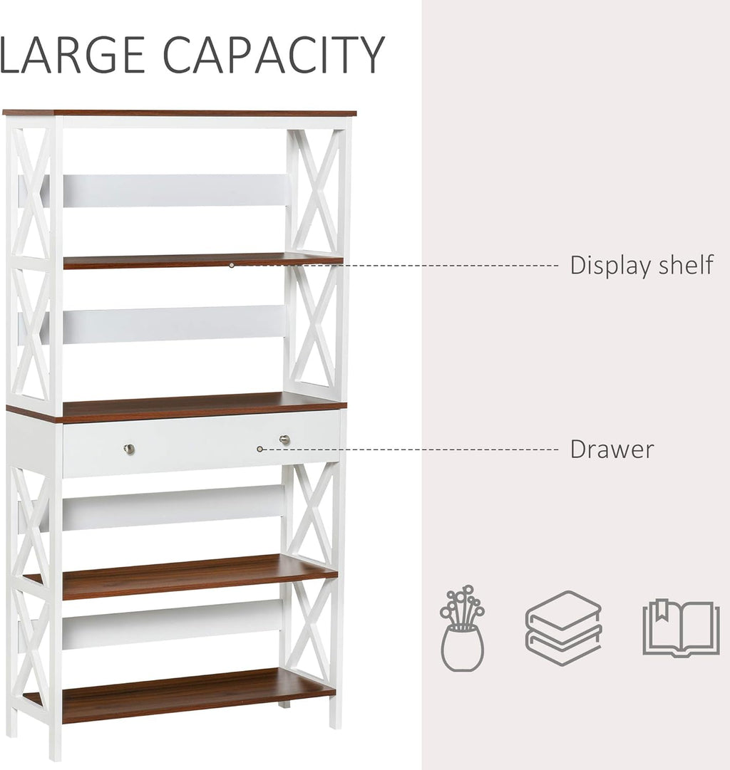 White 4-Tier Shelving Bookcase with Pull Out Drawer K913594