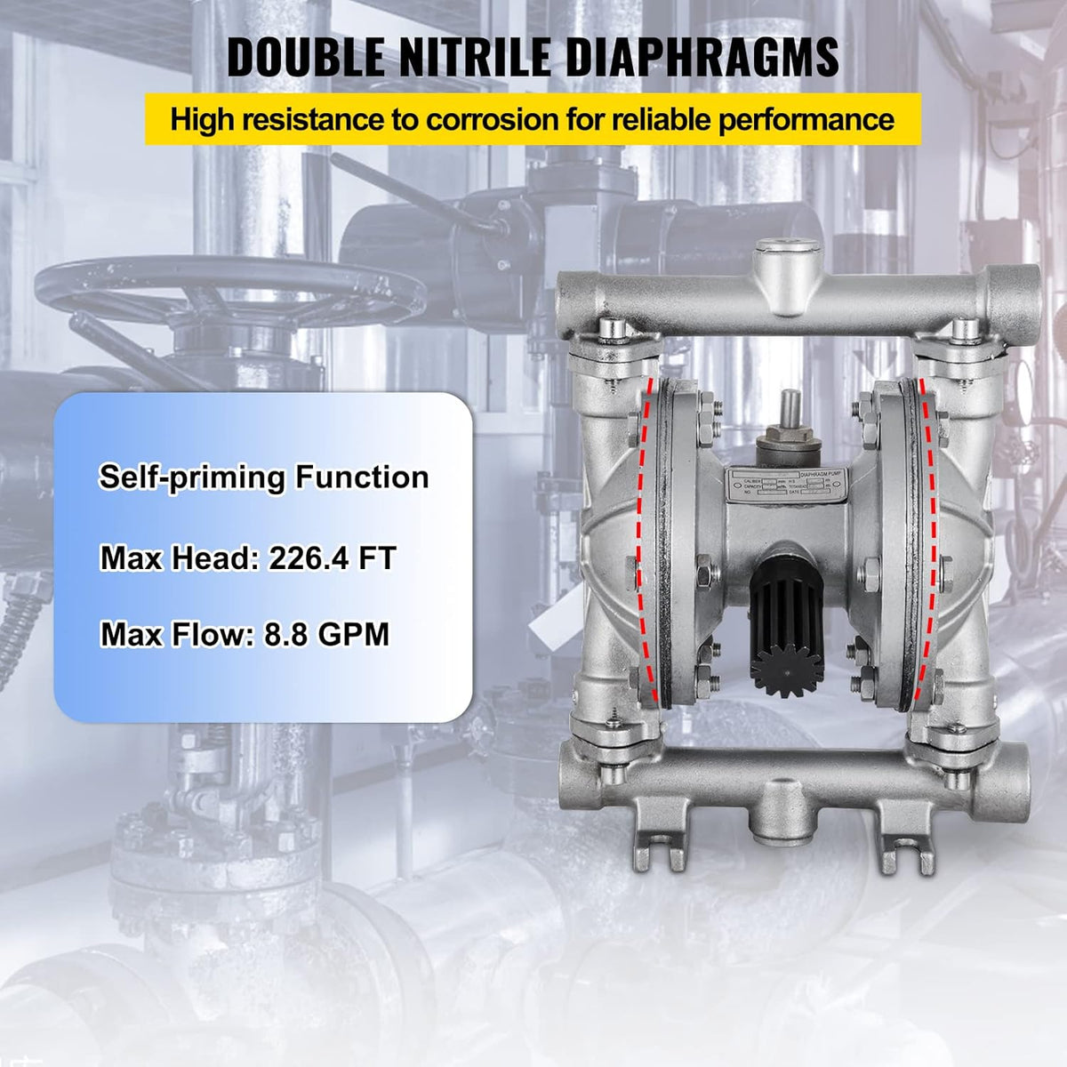 Air-Operated Double Diaphragm Pump 1/2 inch 304 Stainless Steel 12 GPM Max 115PSI Nitrile Diaphragm D13005