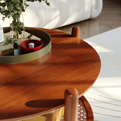 32" Round 2-Tier Wood Coffee Table with Rattan Storage Shelf U343304
