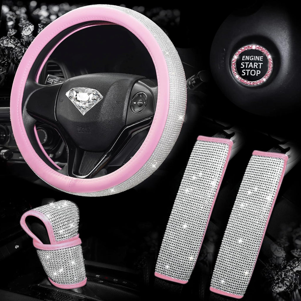 Pink Bling Diamond Steering Wheel Cover 15Inch, Rhinestone Seat Belt Covers 2pcs, Glitter Shift Knob Cover, Crystal Push Start Button O9490