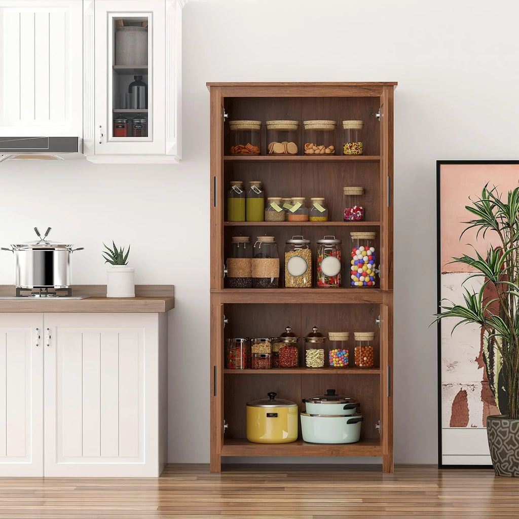 64" 4-Door Oak Kitchen Pantry Cabinet with 3 Adjustable Shelves Q984