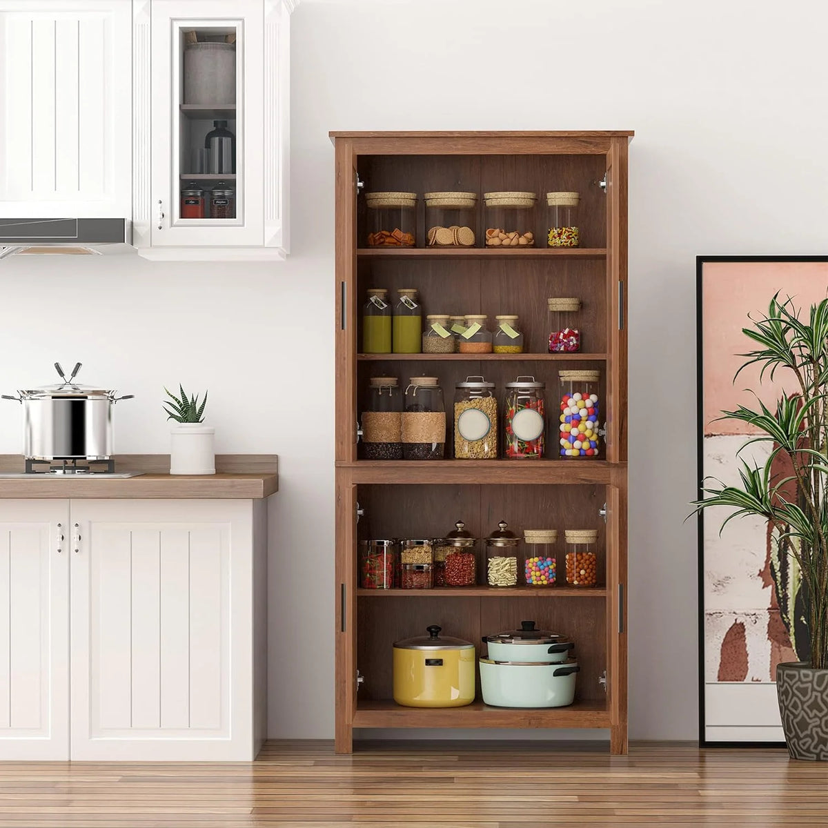 64" 4-Door Oak Kitchen Pantry Cabinet with 3 Adjustable Shelves Q984