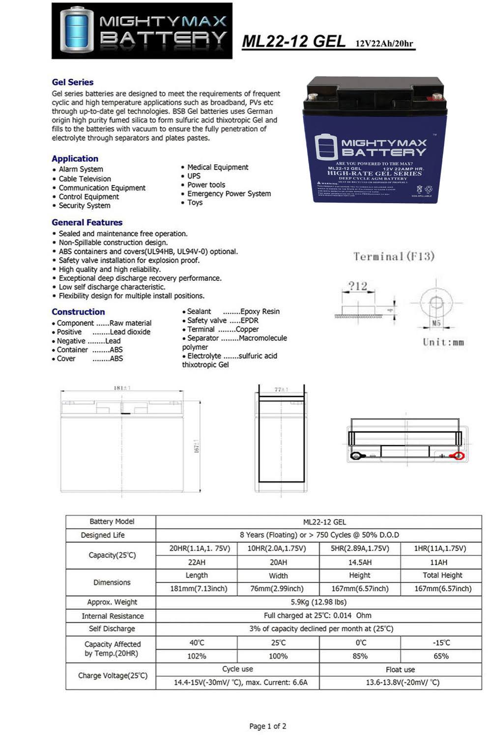 12V 22Ah Gel Battery O825186