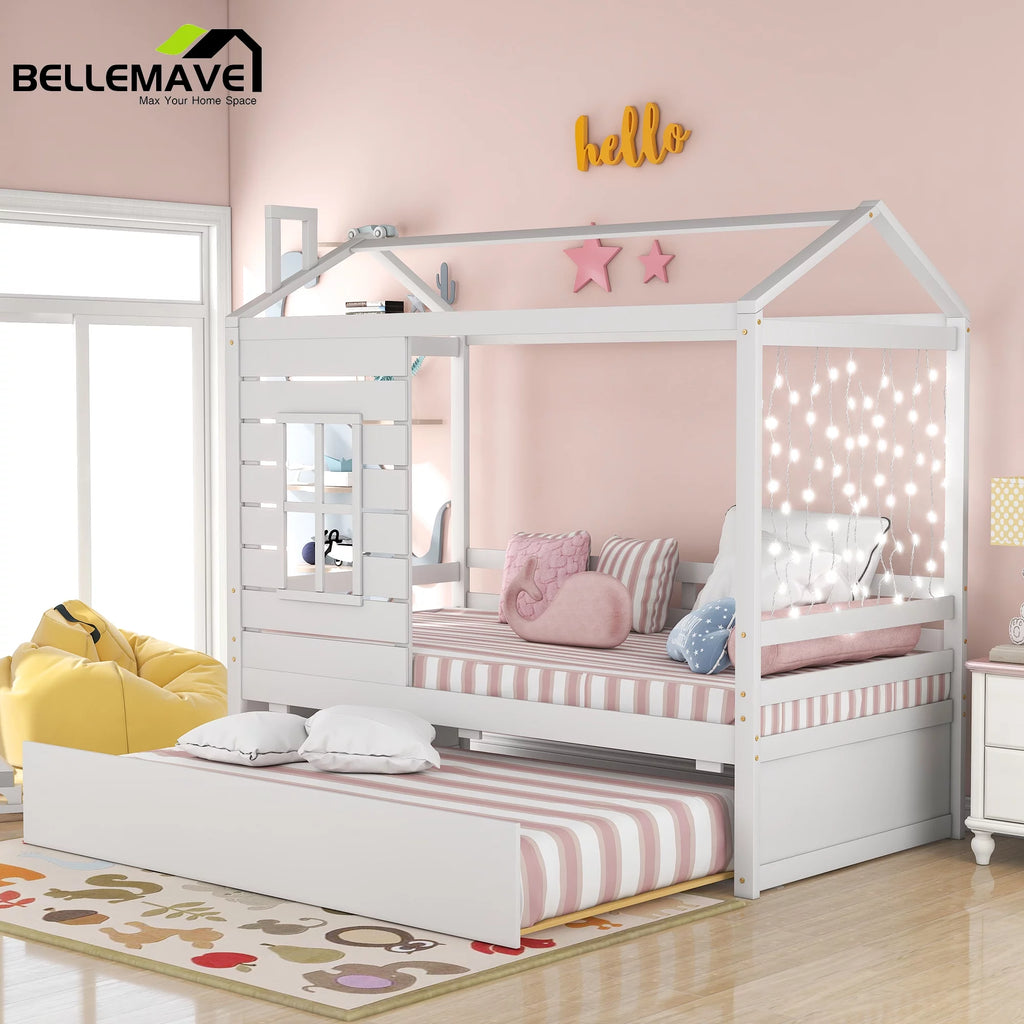 White Wood Twin Size House-Shaped Platform Bed with Trundle R382426