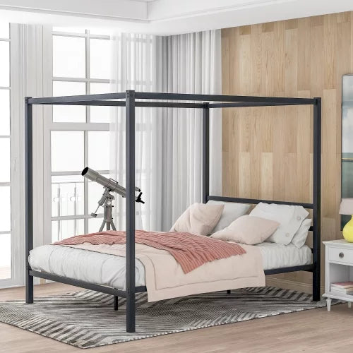 Black Metal Queen Canopy Bed Frame with Headboard C98222