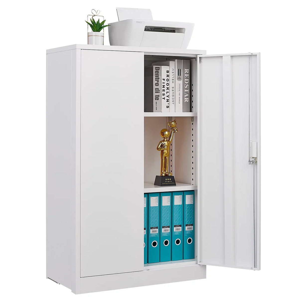 White 42 inch Metal Storage Cabinet with Adjustable Shelves and Locking Doors V732