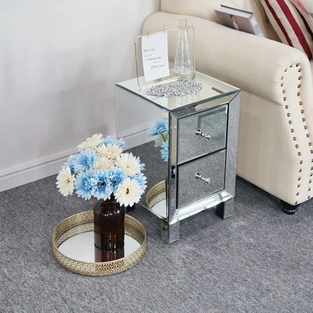 Mirrored Glass Bedside Table with Two Drawers B910670
