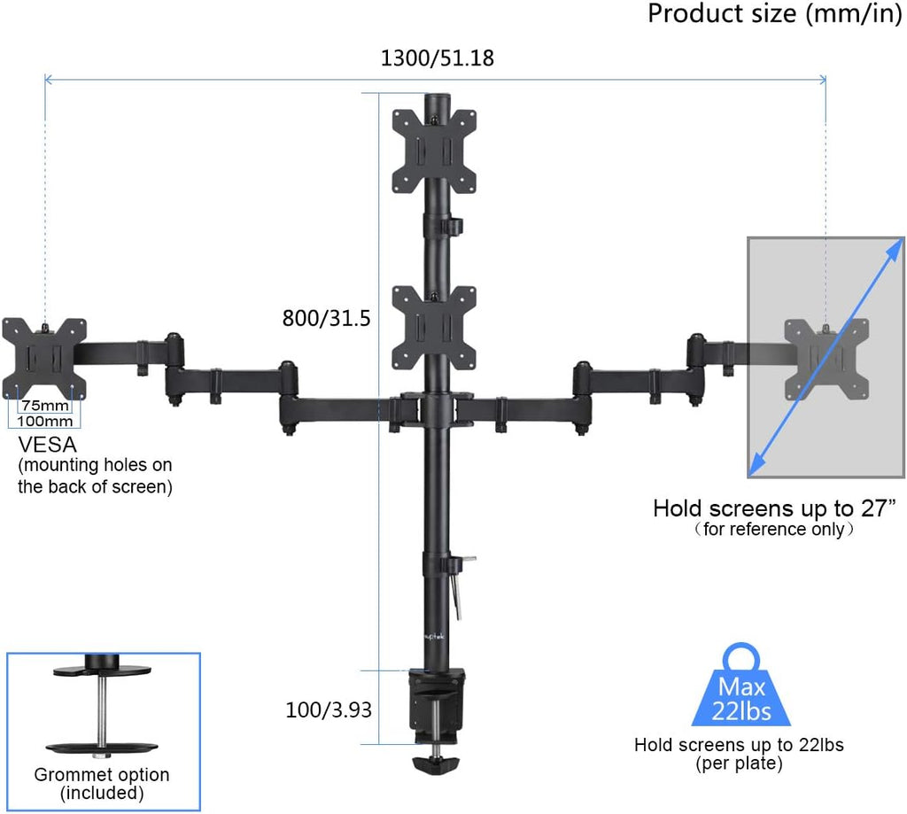 Quad LED LCD Monitor Stand up Desk Mount Extra Tall 31.5 inch Pole Heavy Duty Fully Adjustable Stand for 4 Screens up to 27 inch Pack of 2 L667689