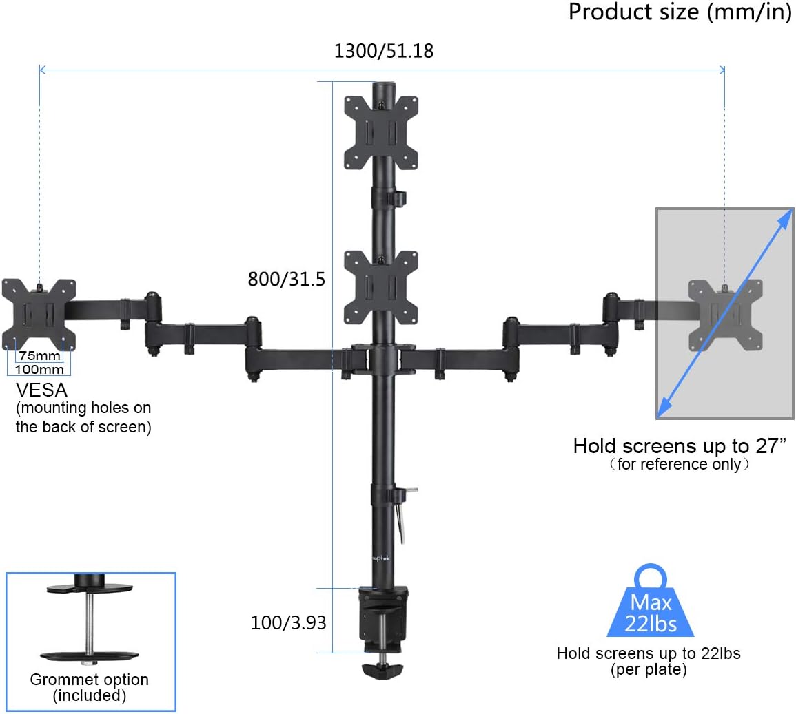 Quad LED LCD Monitor Stand up Desk Mount Extra Tall 31.5 inch Pole Heavy Duty Fully Adjustable Stand for 4 Screens up to 27 inch Pack of 2 L667689