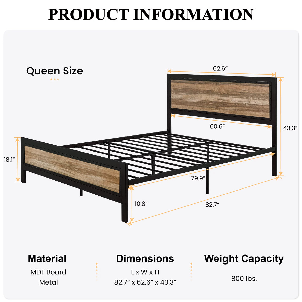 Queen Heavy Duty Metal Platform Bed Frame with Wood Headboard V602873