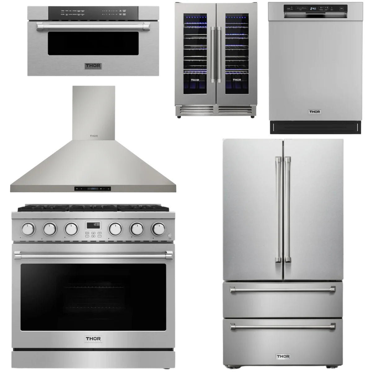 36 Gas Range, Range Hood, Refrigerator, Dishwasher, Microwave and Wine Cooler E993