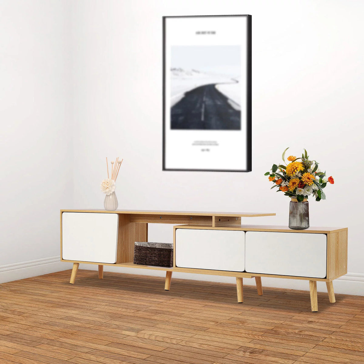 White Oak Adjustable Wooden TV Stand with 2 Drawers 1 Door G36871