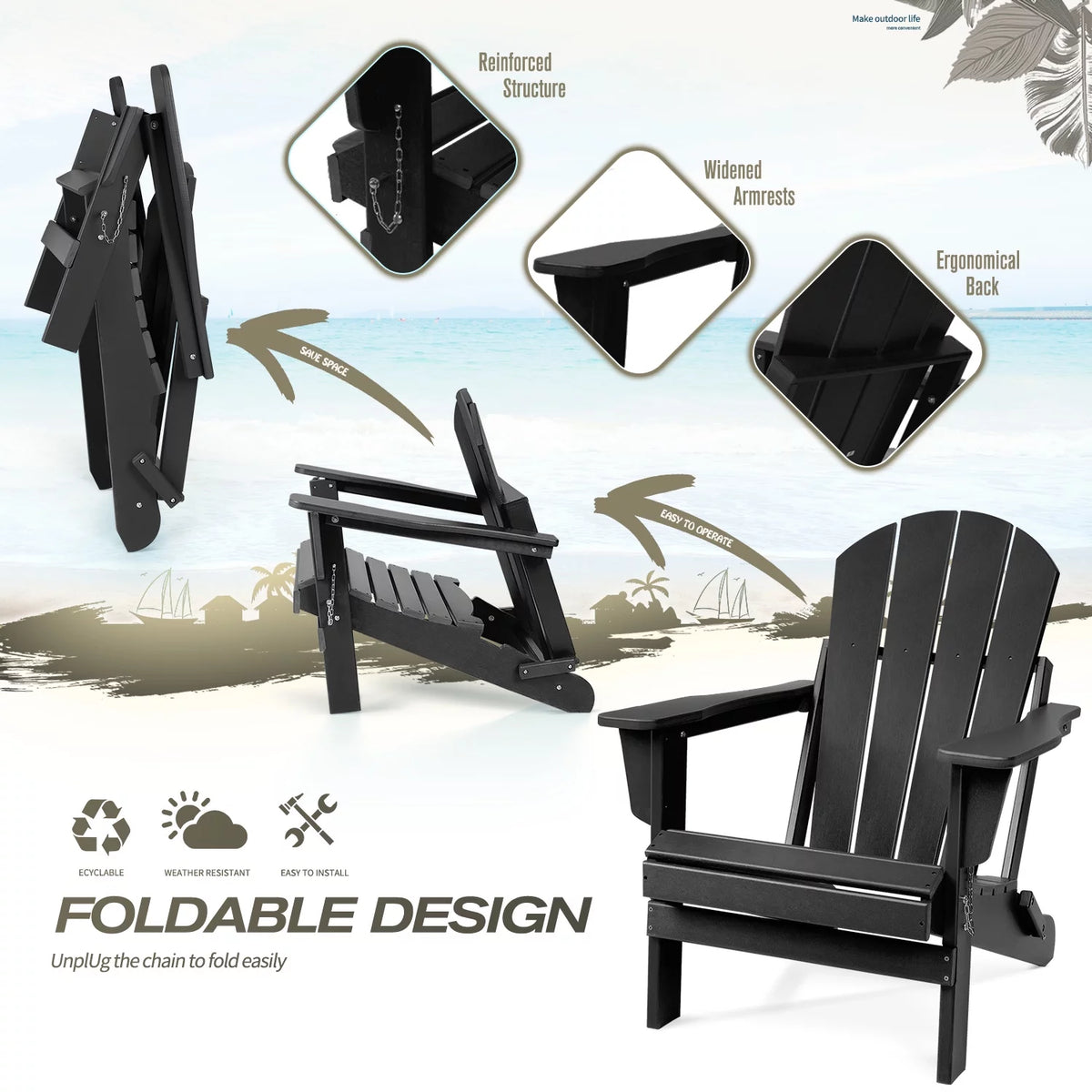 Black All Weather Resistant Resin Folding Adirondack Chair J179