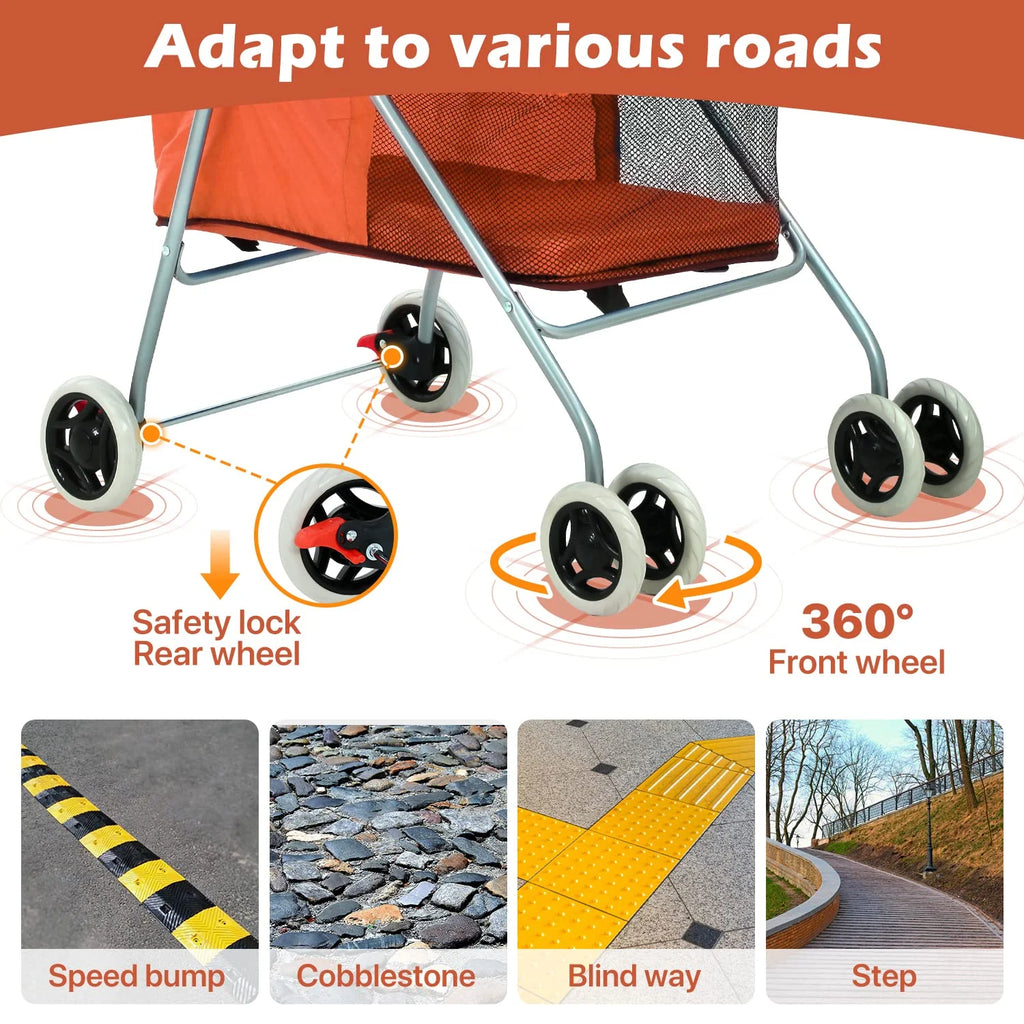 Orange Folding Dog Stroller with 4 Wheels J759641