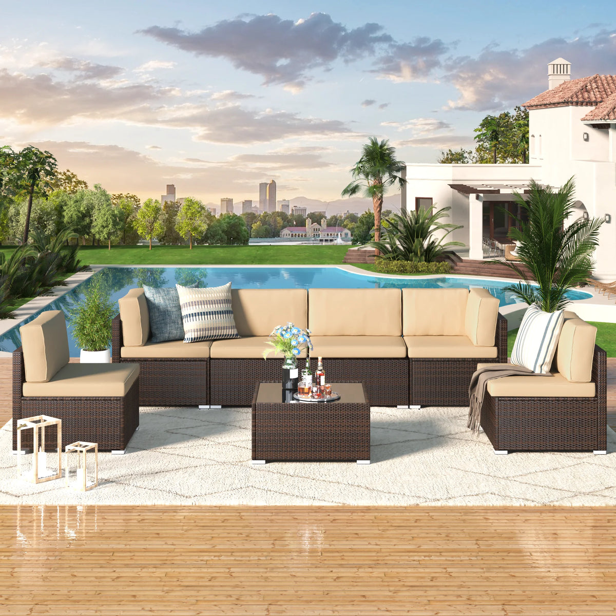 7 Piece Beige Rattan Wicker Sectional Sofa Set with Table R66462