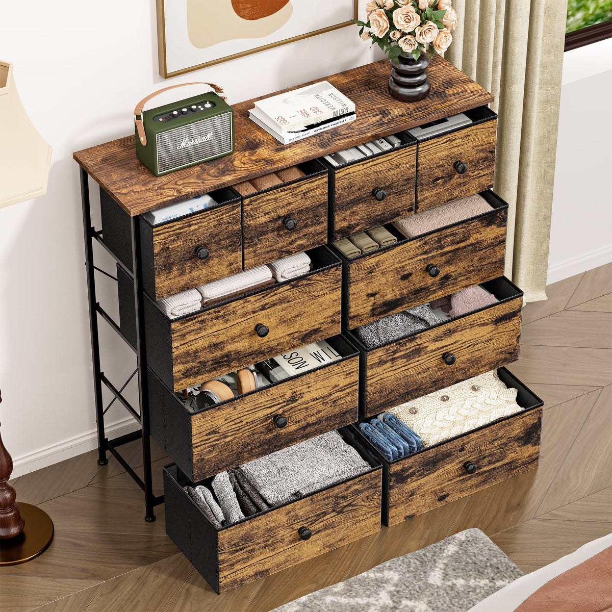 10 Drawer Fabric Dresser with Wood Top T591249