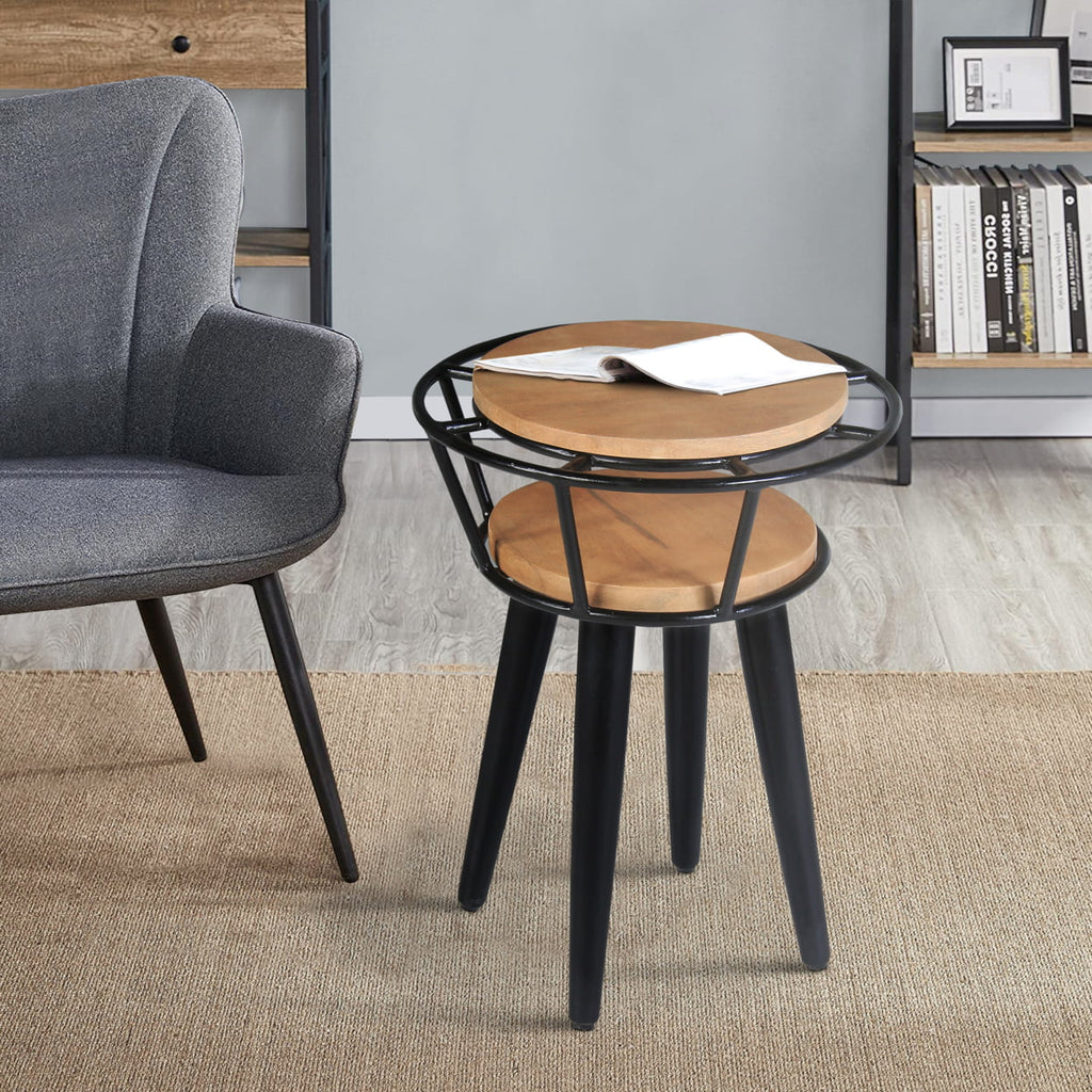 Industrial 2 Tier Round End Table with Metal Frame, White Oak and Black B101