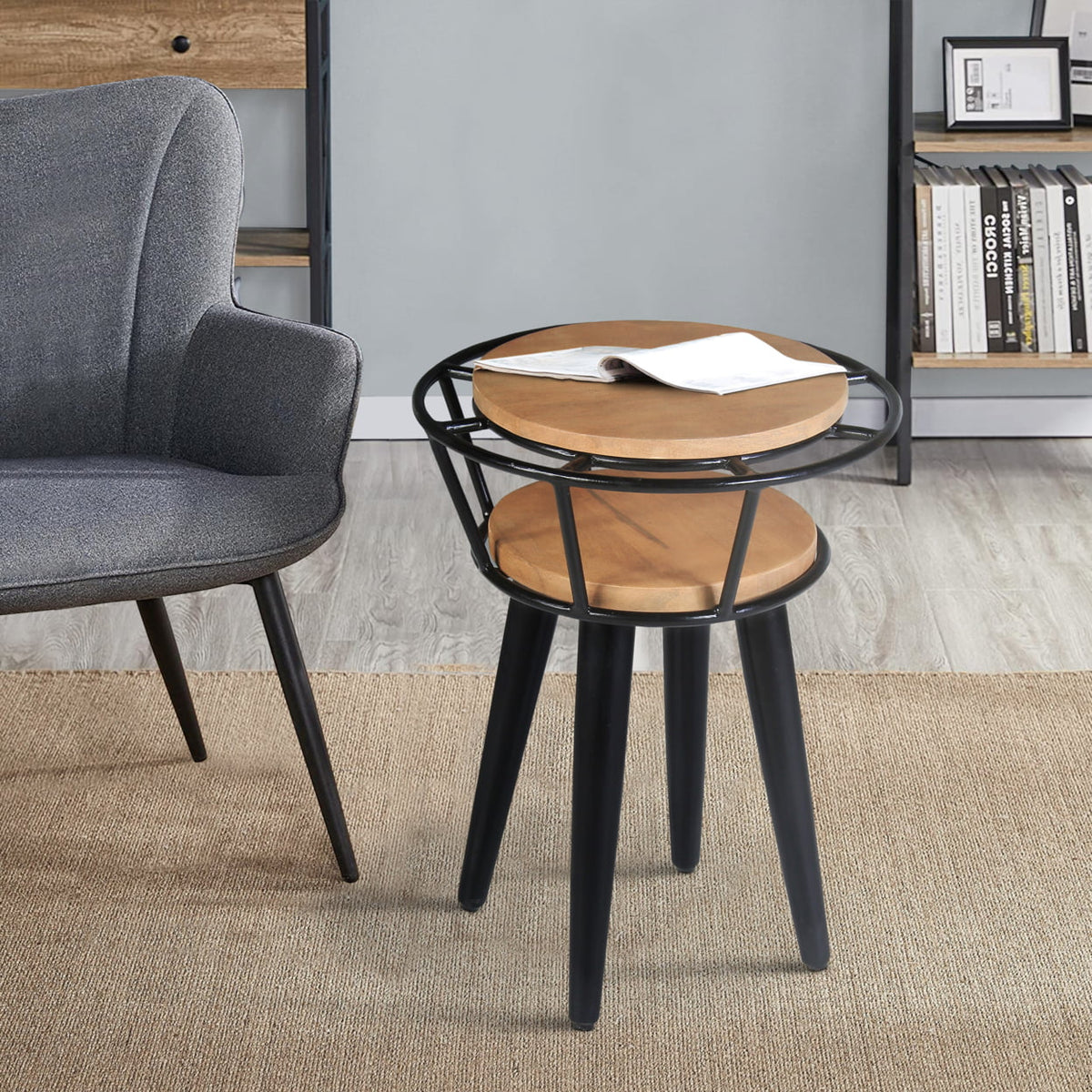 Industrial 2 Tier Round End Table with Metal Frame, White Oak and Black B101