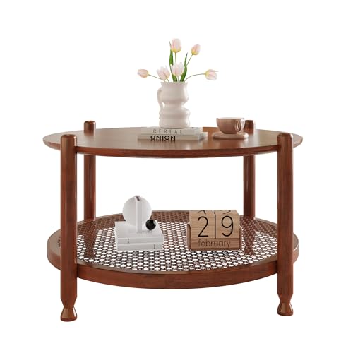 32" Round 2-Tier Wood Coffee Table with Rattan Storage Shelf U343304