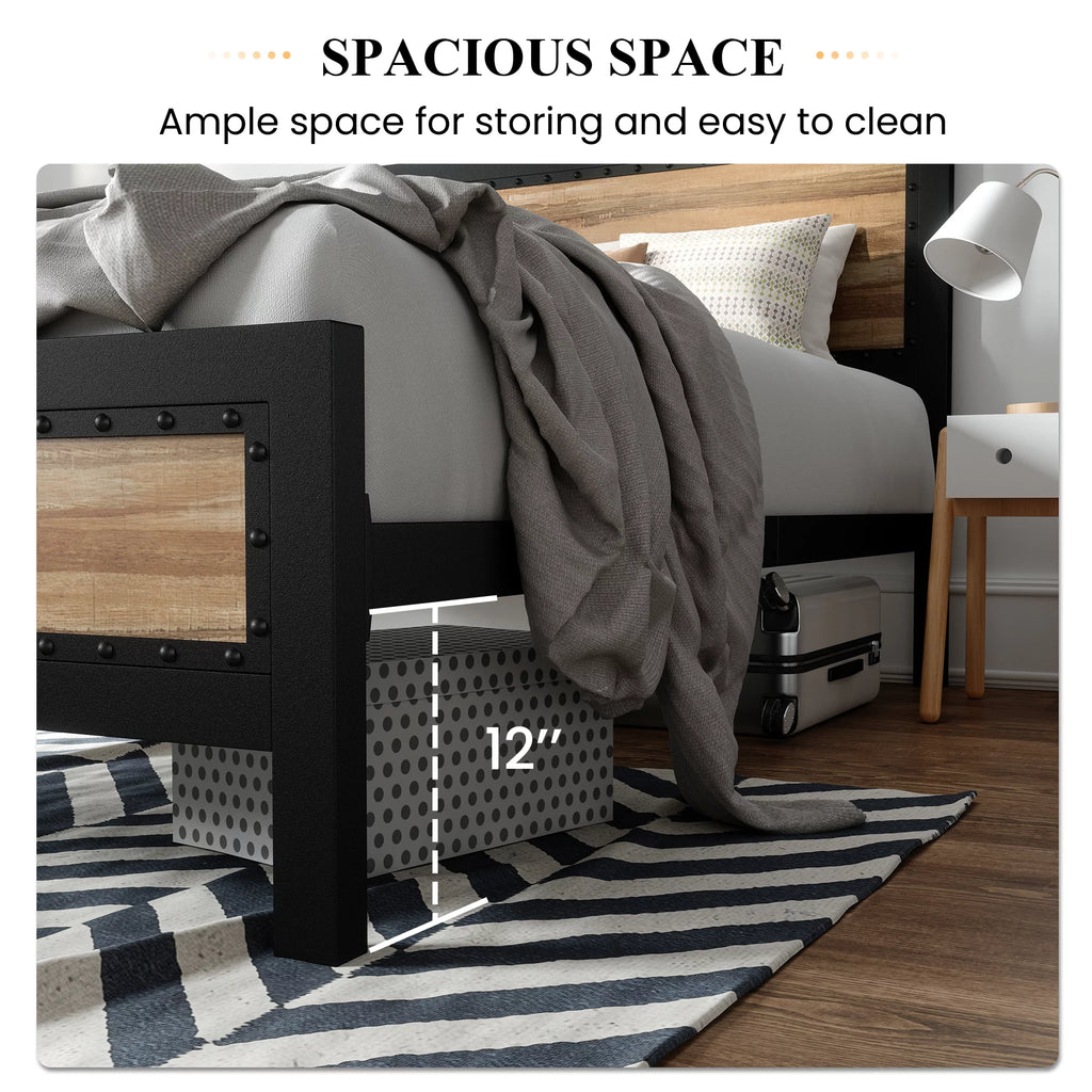 Queen Heavy Duty Metal Platform Bed Frame with Wood Headboard V602873
