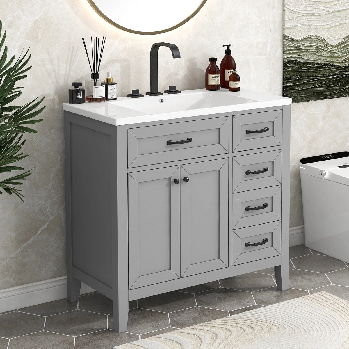 36" Grey Bathroom Vanity with Sink and Storage Cabinet I99992