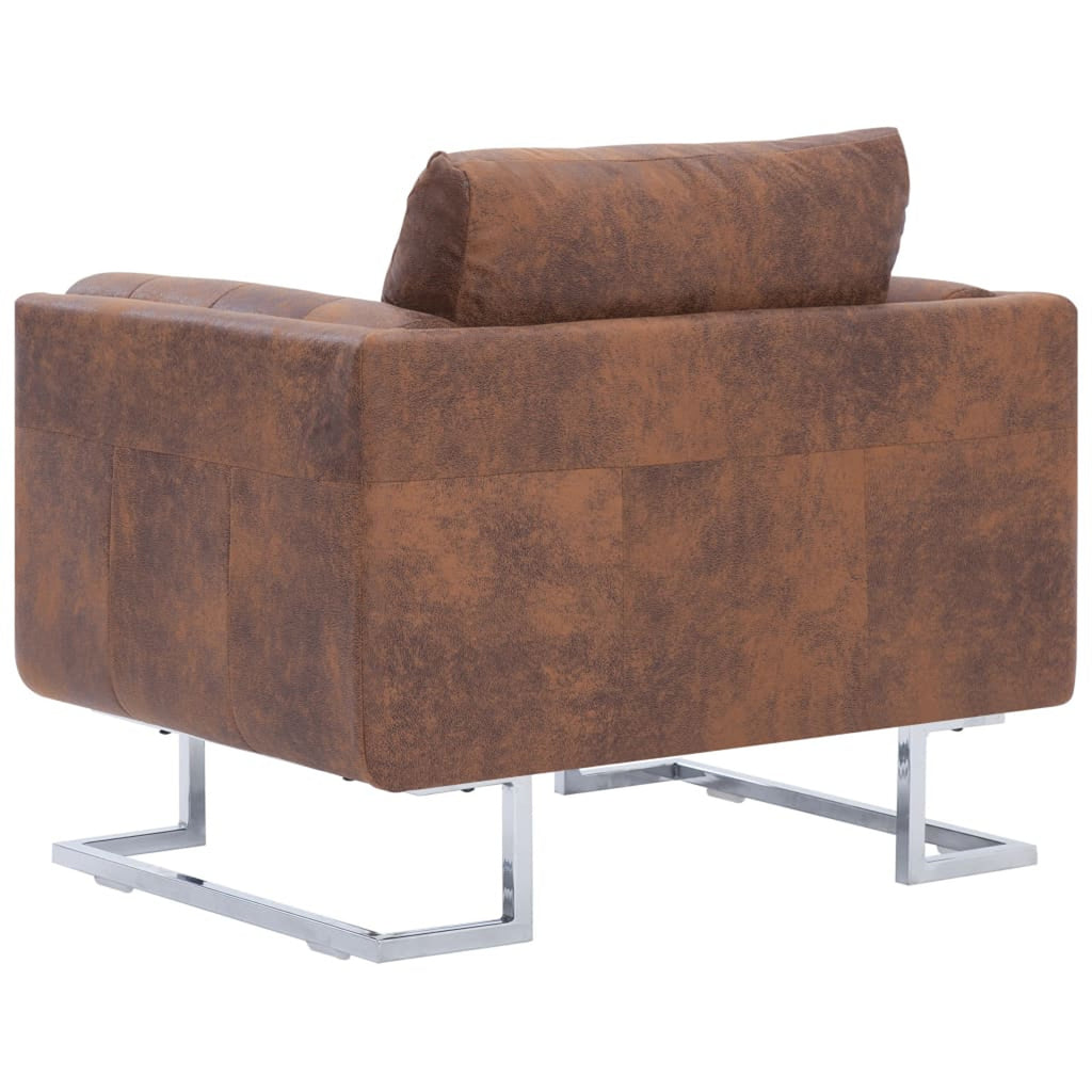 Cube Armchair Faux Suede Leather Upholstery Chair with Chrome Feet Brown U732