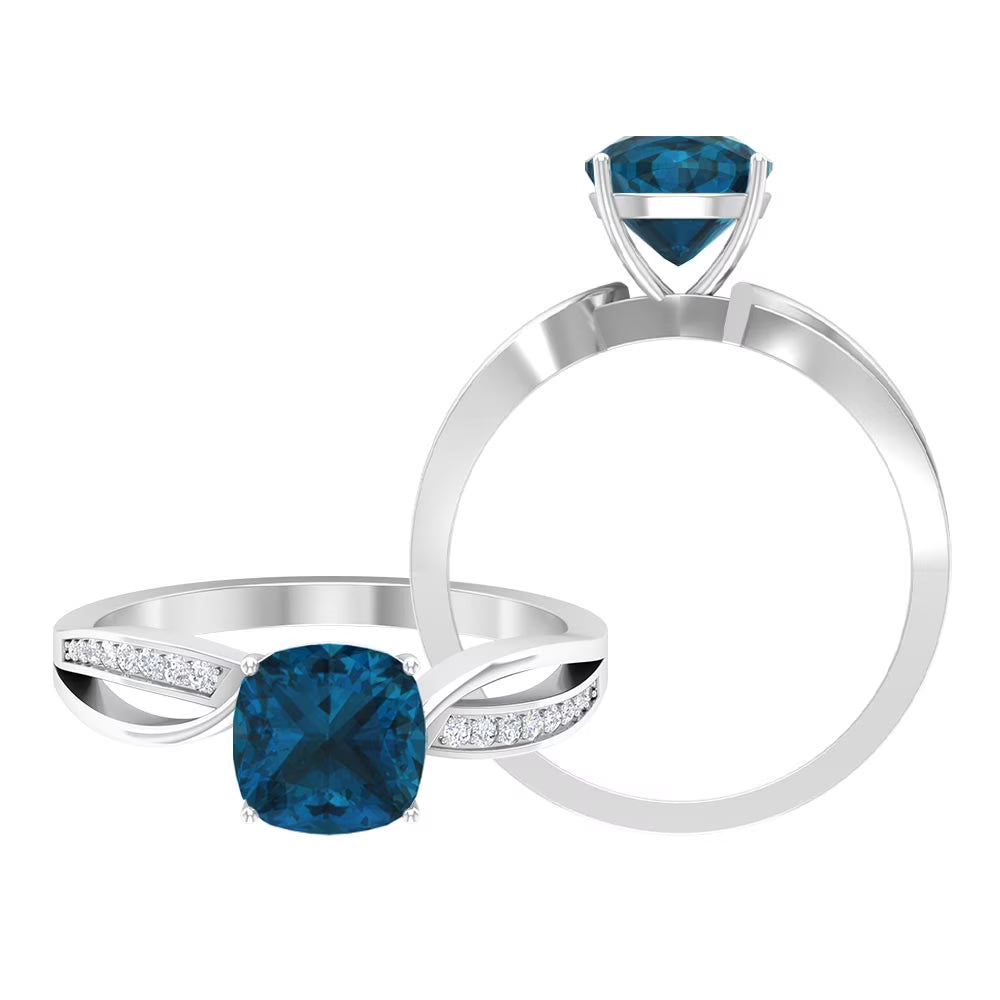 1.50 CT Cushion Cut London Blue Topaz Solitaire and Diamond Ring, 925 Sterling Silver, US 4.00 O20175