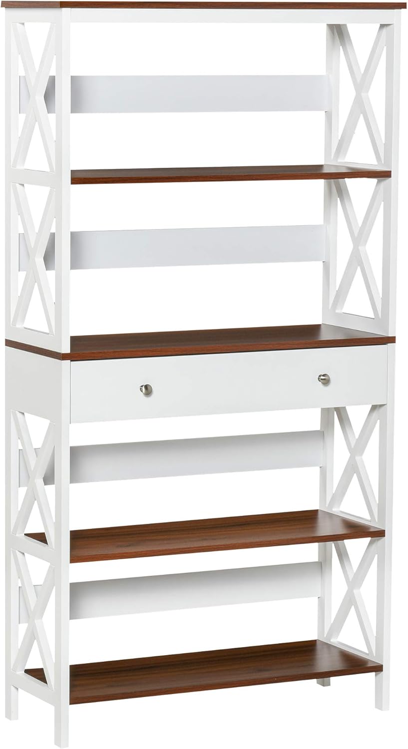 White 4-Tier Shelving Bookcase with Pull Out Drawer K913594