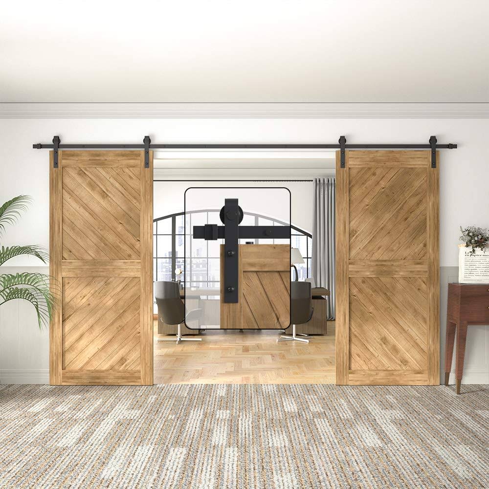 Sliding Barn Door Hardware Kit for Double Doors Black 12ft 2 Track R545