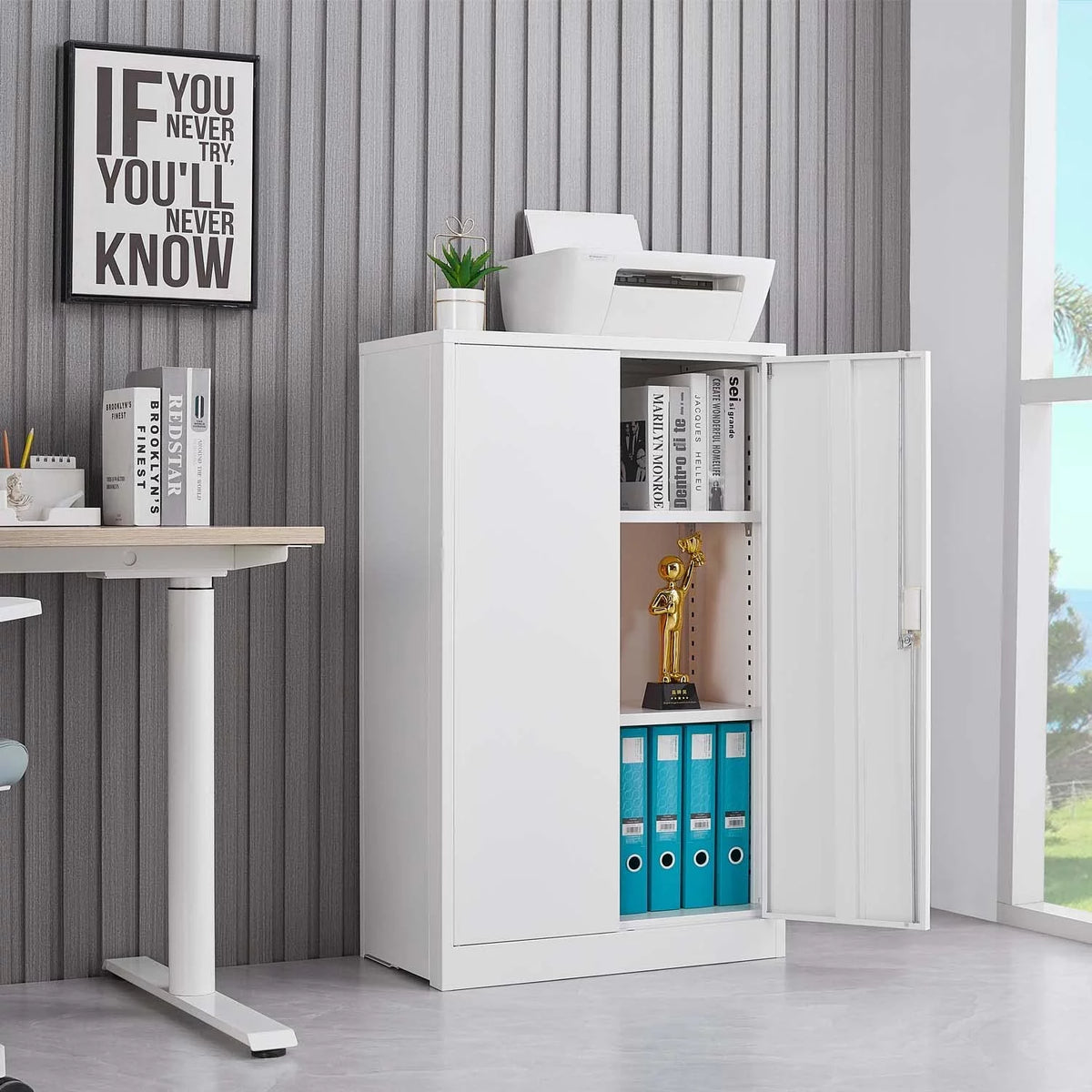 White 42 inch Metal Storage Cabinet with Adjustable Shelves and Locking Doors V732