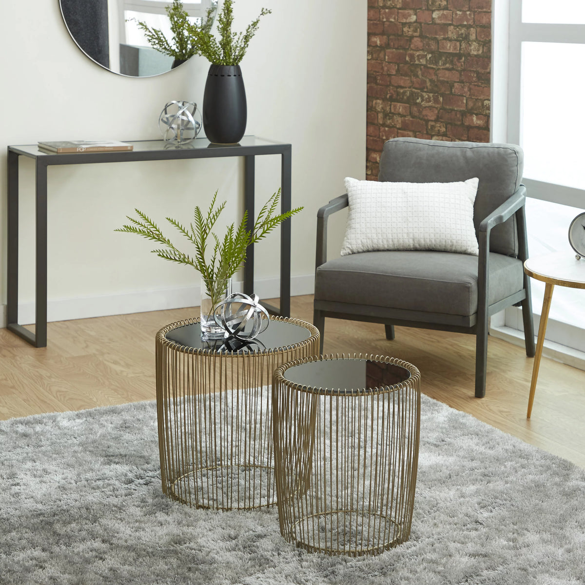 18" x 18" Gold Metal Accent Table with Glass Top, 2-Pieces F937175