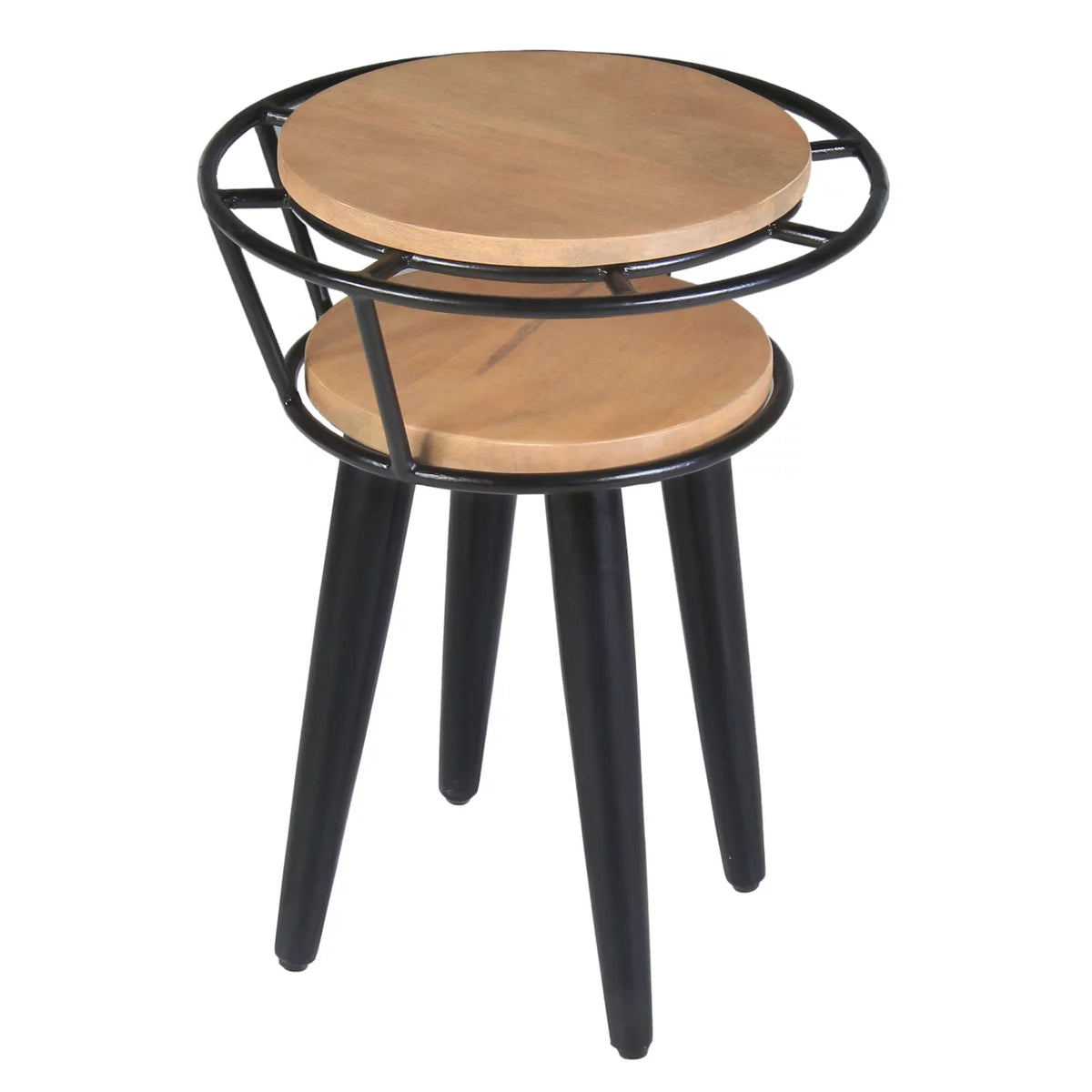 Industrial 2 Tier Round End Table with Metal Frame, White Oak and Black B101