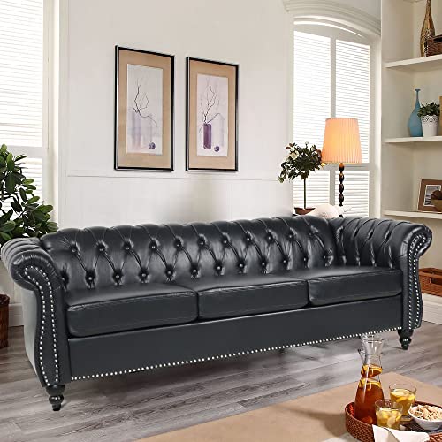 84" Dark Brown Leather Tufted 3 Seater Chesterfield Sofa L7879