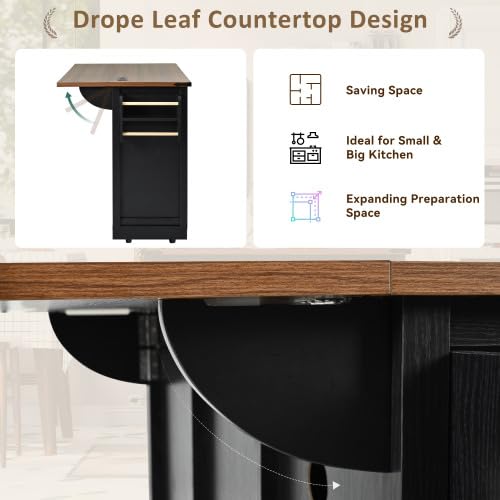 Black Farmhouse Kitchen Island with Power Outlet, 2 Sliding Barn Door, Drop Leaf, Spice Rack, Rolling Cart on Wheels L364