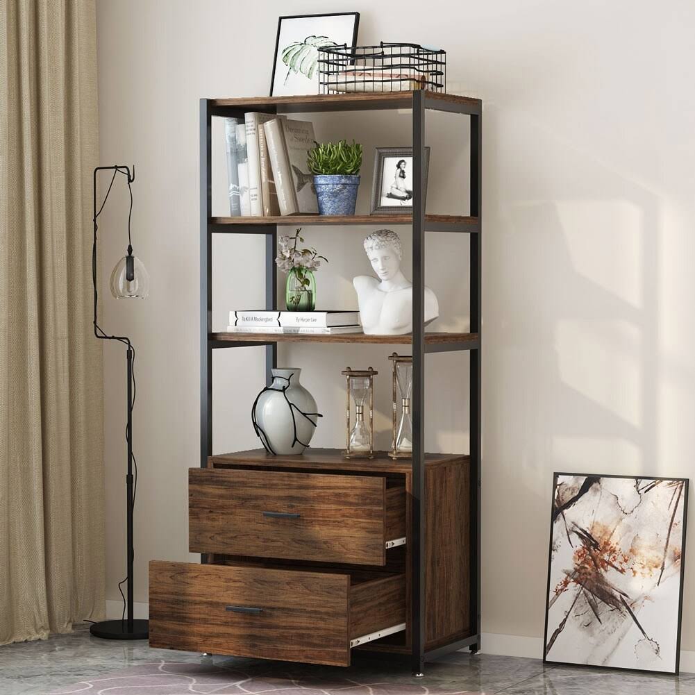 Vintage Brown 4 Tier Bookcase with 2 Drawers G566656