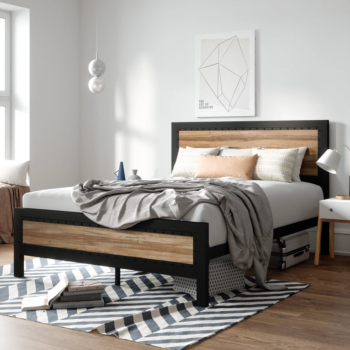 Queen Heavy Duty Metal Platform Bed Frame with Wood Headboard V602873