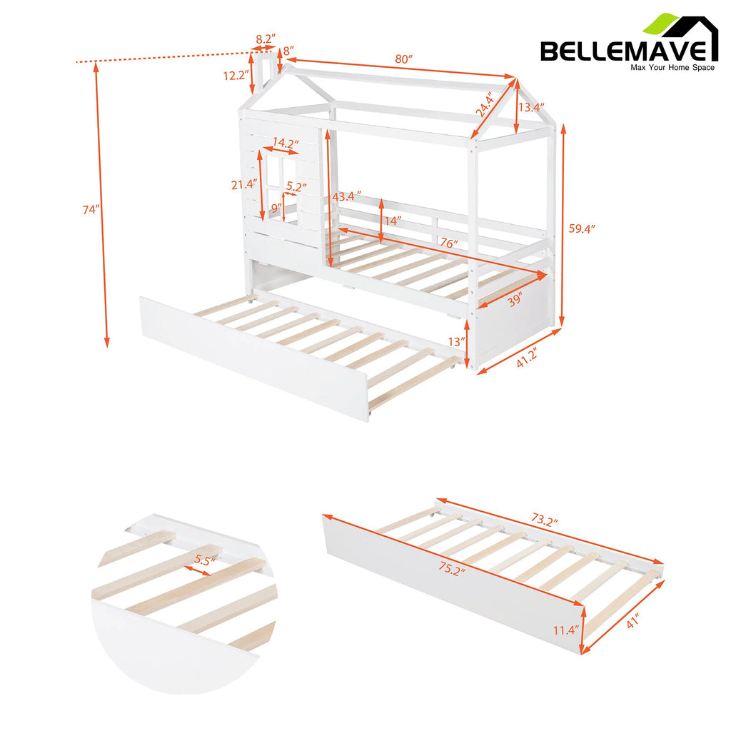 White Wood Twin Size House-Shaped Platform Bed with Trundle R382426