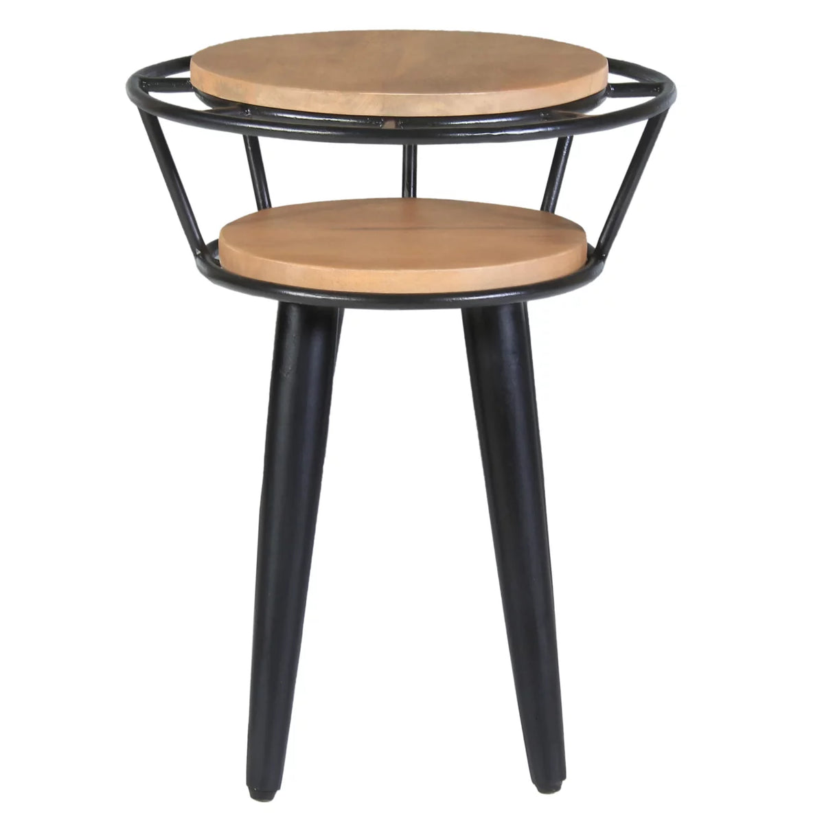 Industrial 2 Tier Round End Table with Metal Frame, White Oak and Black B101