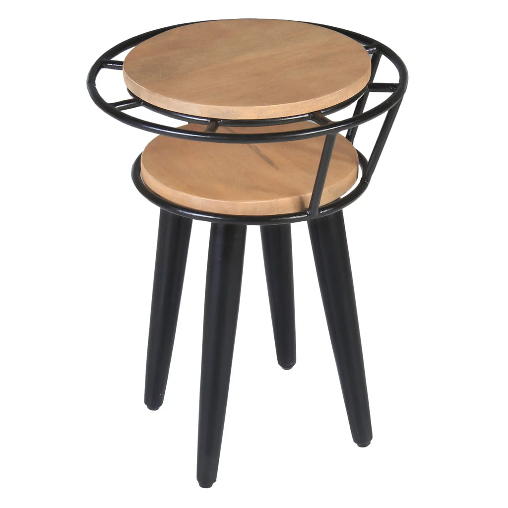 Industrial 2 Tier Round End Table with Metal Frame, White Oak and Black B101