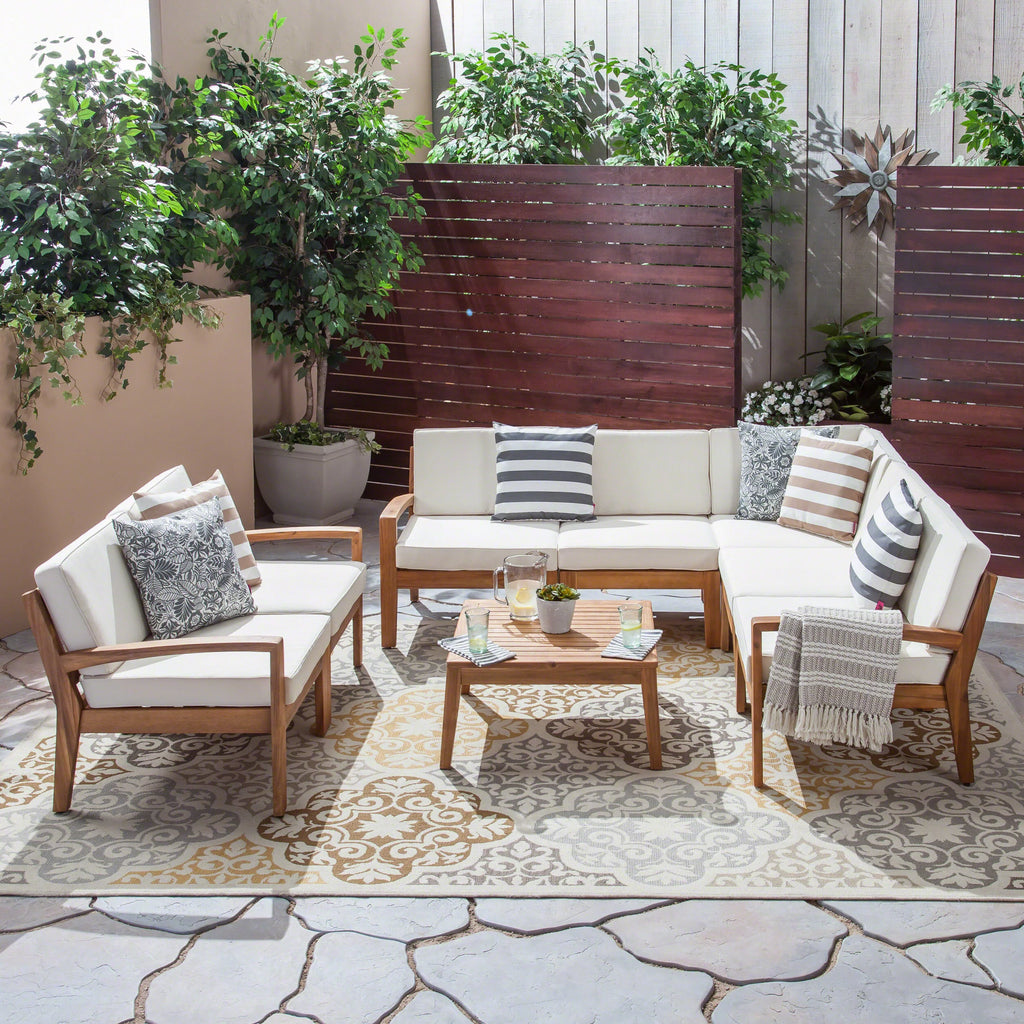 Acacia Wood 7 Seater Sectional Sofa and Loveseat Chat Set with Cushions F5464
