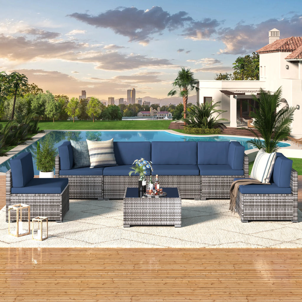 7 Piece Beige Rattan Wicker Sectional Sofa Set with Table R66462