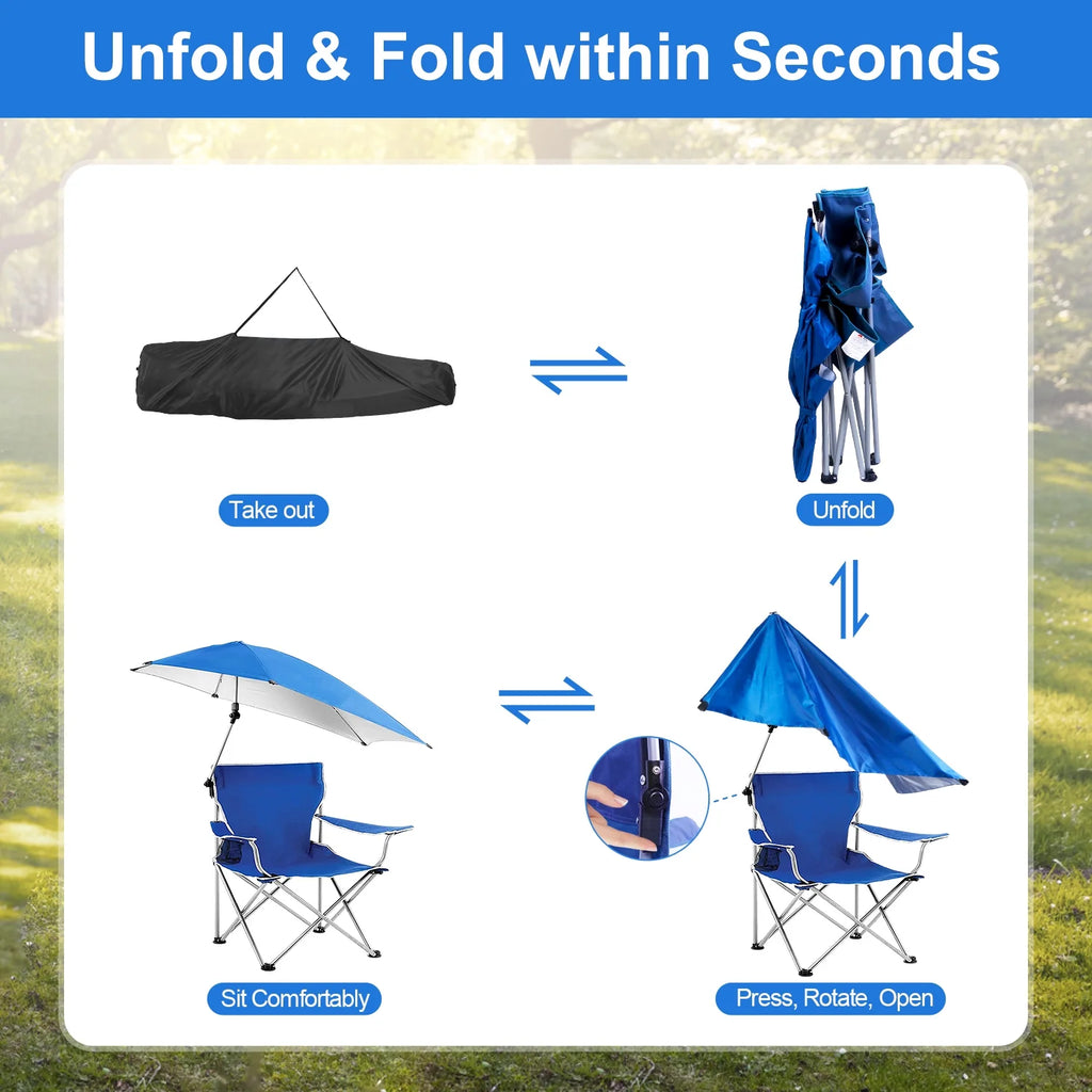 Blue Foldable Beach Chair with Detachable Umbrella Cup Holder Carry Bag X803037