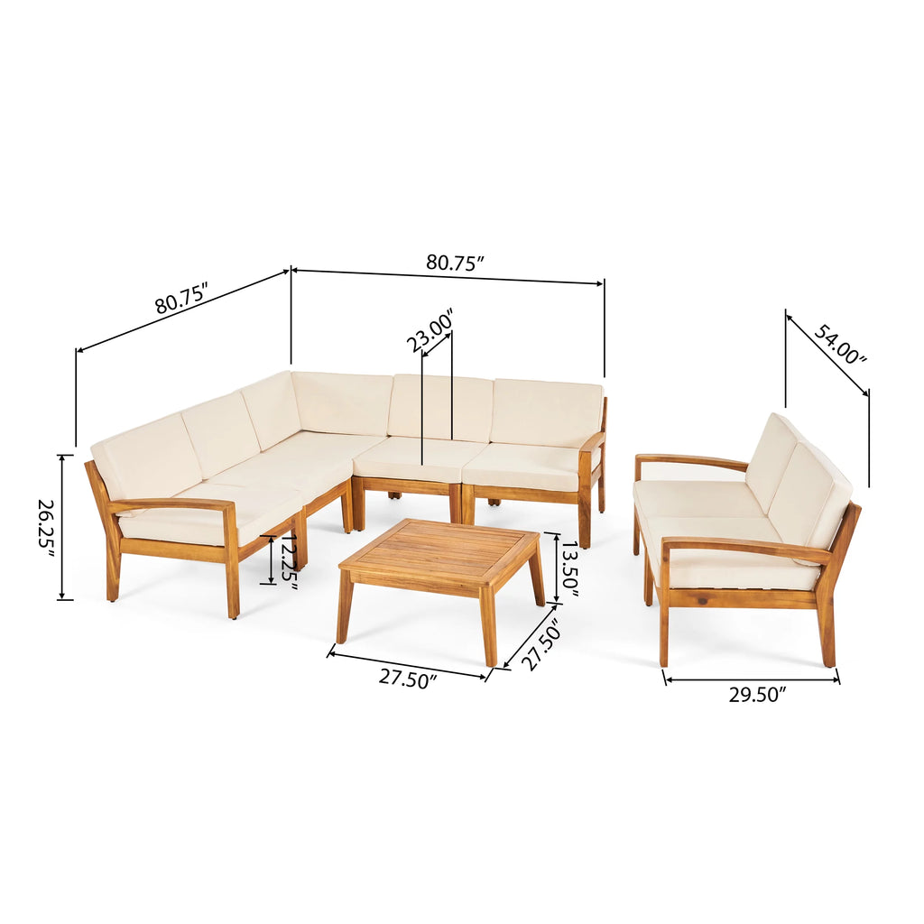 Acacia Wood 7 Seater Sectional Sofa and Loveseat Chat Set with Cushions F5464